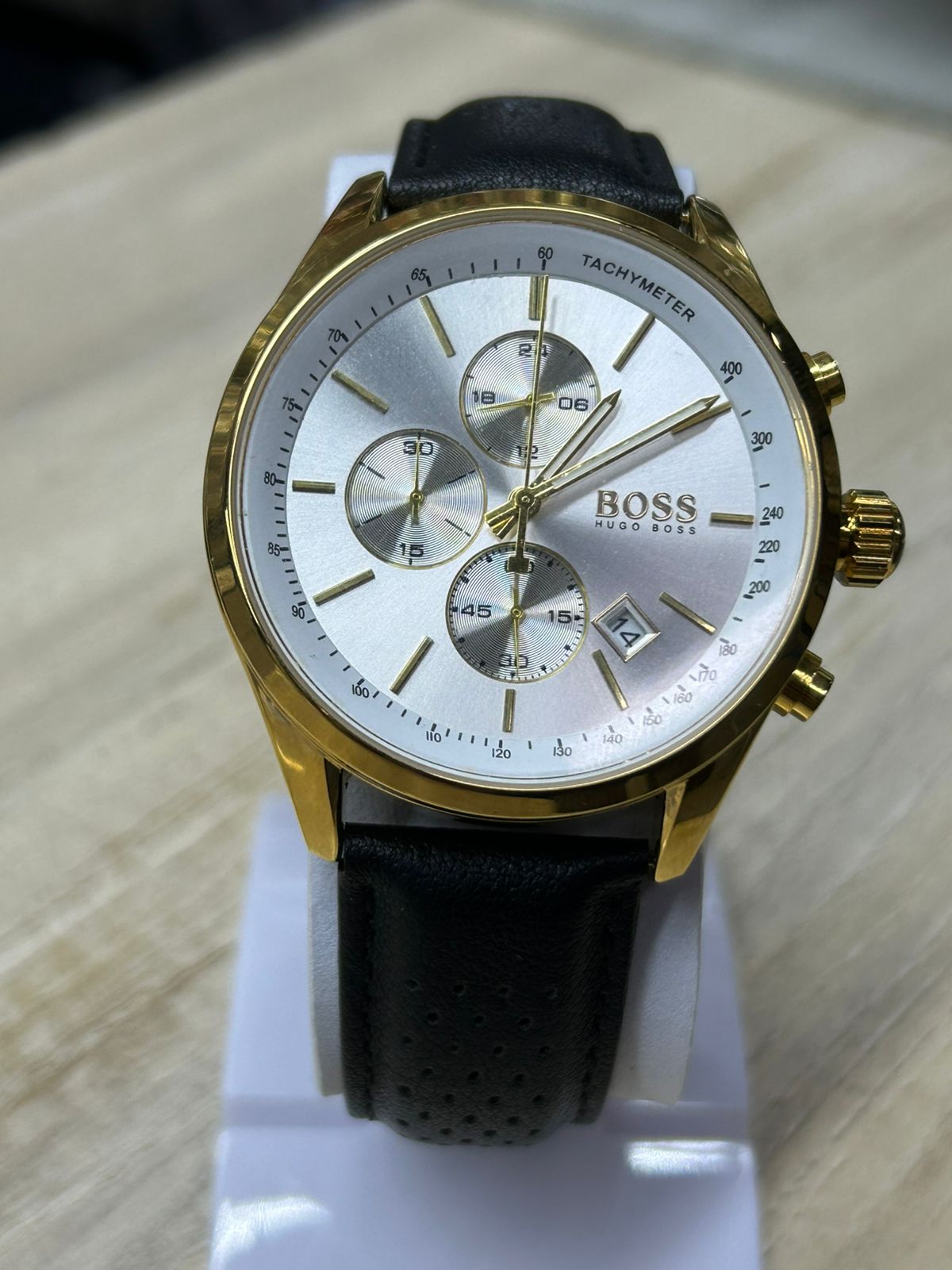 BOSS by Hugo Boss Men's Grand Prix Chronograph Watch – Gold Case & Silver Dial with Perforated Black Leather Strap