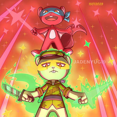 Fake Hero Au, a Happy Tree Friends fanfiction comic. is a short comic where the htf world is now It is now controlled by the Blue Tigers company that uses two heroes to promote creating super soldiers.
splendid and splendont are the heroes the company use but both desert one die (splendid) to save the supersoldier flippy and give his powers to him turning him into a new superhero as splendont splendont angry with this company decide destroy it and same time the world too but now flippy and his team need to stop them