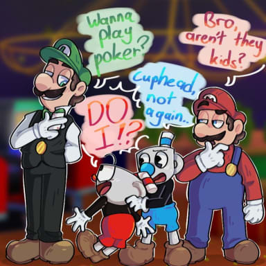 Cuphead and Mugman in Luigi's Casino , a Cuphead and Super Mario Bros fanfiction comic. Cuphead and Mugman voiced by: PLUSHXTOONS (ME) (video also edited by me)

Luigi And Mario voiced by: Dane Spurrell on YouTube 

COMIC MADE BY: SQEPFRAY ON TUMBLR

Copyright Disclaimer ©️: Characters and soundtracks not owned by me

Thanks For Watching!! 😄👋