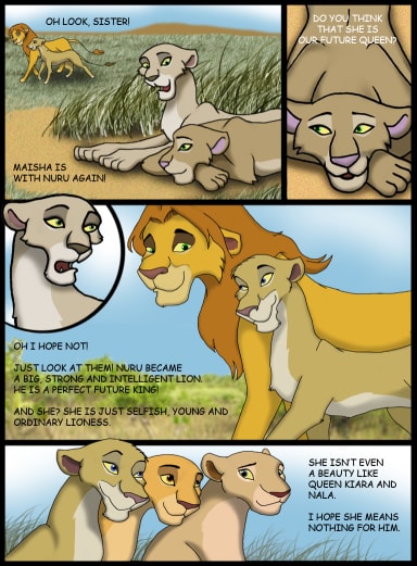 The Lion King - Maisha's Story, a The Lion King fanfiction comic. It's a continuation of savu0211's DA comic.
After confrontation with evil lioness Baridi, Kesar and Nuru - Kiara and Kovu's twins - returned home. They took some orphans with them. Maisha is one of them and this is her story.