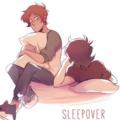 Sleepover, a Voltron Legendary Defender fanfiction comic. Unable to sleep, Lance crashes over at Keith's room, when the next day he wants them to ~pretend it didn't happen~ Keith wants an explanation.
(comic made in 2018)