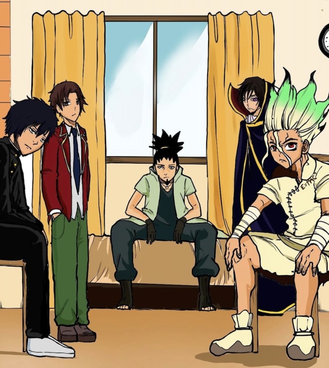 The Anime Geniuses Meet, a Bleach, Death Note, Naruto, Classroom of the Elite, Dr. Stone, Tomodachi Game and Code Geass fanfiction comic. 