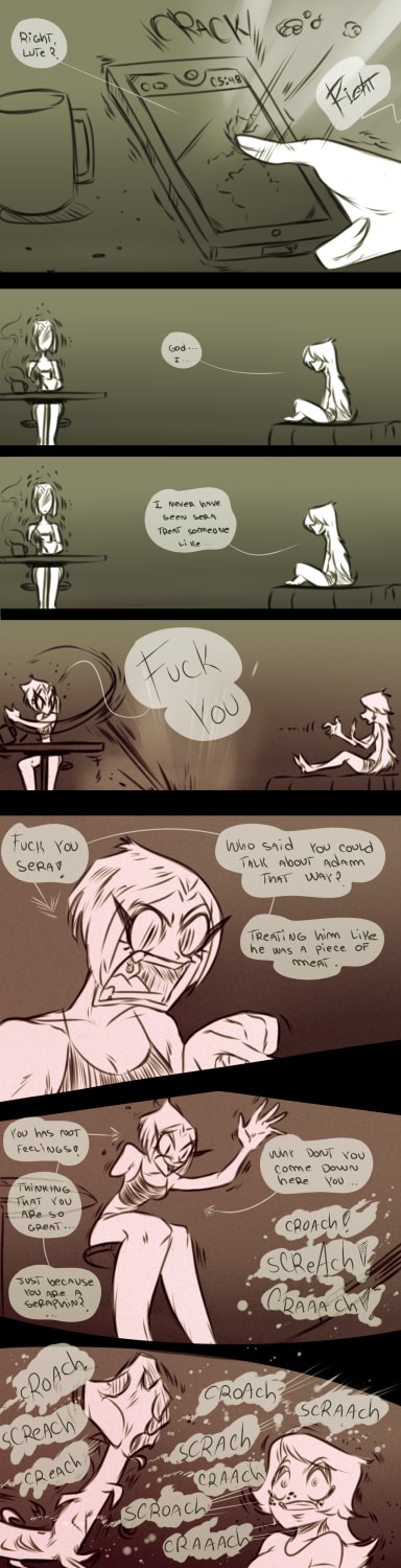 Episode-12: of Hell Is Not Forever, a Hazbin Hotel fanfiction comic. Sera put lute on her place.