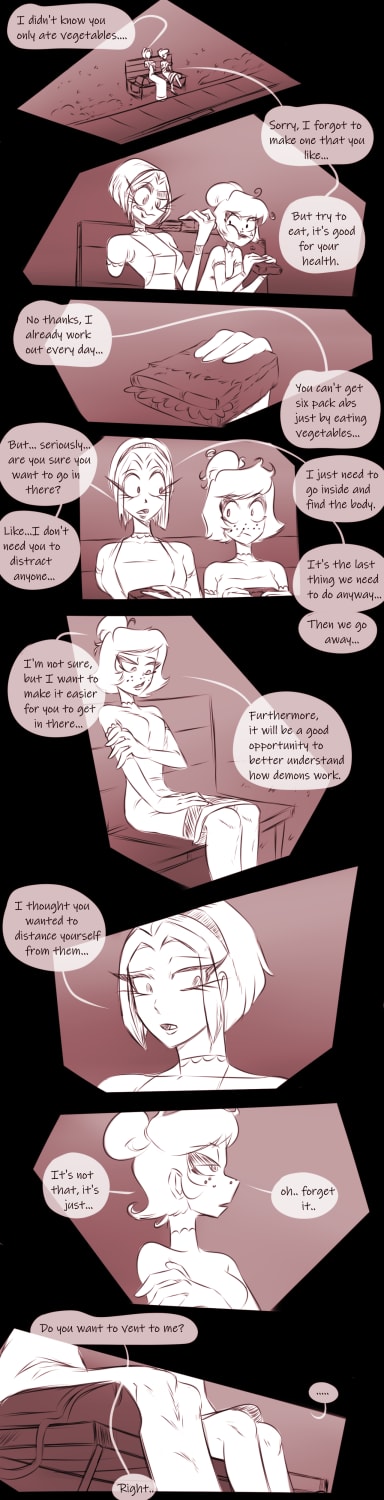 Episode-15: of Hell Is Not Forever, a Hazbin Hotel fanfiction comic. Rose keeps Adam's body in a freezer and puts Husk on guard.