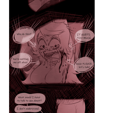 Episode-21: of Hell Is Not Forever, a Hazbin Hotel fanfiction comic. Rosie tortures Emily and Husk and Lute fight.
