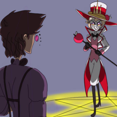 Episode-1: of For The World, a Hazbin Hotel fanfiction comic. Alastor summons Lucifer to help him track down some miscreants