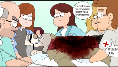 Episode-2: - Gravity Falls Don't you die on me CONTINUATION PART 1 of Gravity Falls: Don't you die on me comic, a Gravity Falls fanfiction comic. After the events of the first episode, we move briefly to Wendy's house, where Stanford's girlfriend, Courtney, tells Dipper and Mabel why she argued with him. Ultimately, she comes to the conclusion that she wasn't very fair to him and decides to talk to him. She has no idea that at this moment Stanford is fighting for his life in the hospital. Unfortunately, as a result of severe injuries, Stanford's heart stops for the second time that day. Will the doctors be able to save him?