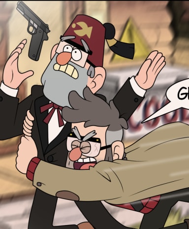 Episode-5: - Gravity Falls Don't you die on me CONTINUATION PART 4 of Gravity Falls: Don't you die on me comic, a Gravity Falls fanfiction comic. Stanley tells how the tragic accident at the Mystery Shack happened. It turns out that Stanford noticed on the surveillance that a dangerous cryptid was prowling around the house. He decided to get rid of it with a gun. Unfortunately, the first shot was off target and the monster knocked the gun out of Ford's hands. At the same time, Stanley was tidying up his office and noticed what was happening through the window. He decided to help Ford, having no idea what the creature his brother was fighting was. Ford told him to go home, but Stanley wouldn't listen to him. It turned out that the cryptid can disappear and move in any direction unless it is shot in the head. At the last moment, Ford noticed the monster approaching his brother and wanted to attack him with its long, sharp claws. Stanford pushed Stanley away, but he himself was wounded.