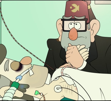 Episode-8: - Gravity Falls Don't you die on me CONTINUATION PART 7 of Gravity Falls: Don't you die on me comic, a Gravity Falls fanfiction comic. Stanley watches over the unconscious Stanford, who is lying in the intensive care unit after a difficult operation. Stanley asks his brother to fight and not leave him and the rest of the family. Stanley is unable to forgive himself for the fact that it is his fault that Stanford is now lying in the hospital and it is not known whether he will survive. The touching moments between the twins are interrupted by the doctor, who, assisted by nurses, takes Stanford for further tests. He has to check whether Stanford, despite the operation, will not need a transplant of his damaged lung. Courtney notices Stanford in the corridor, who is being taken for tests. The sight of her unconscious beloved is devastating for her. However, Courtney's greatest moment of breakdown is when Stanley gives her the necklace that Stanford had in his coat at the time of the accident...