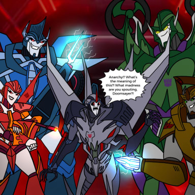 Episode-5: - Chapter 1: "Prologue" - Page 5 of Transformers: Prime: The New Beginning, a Transformers fanfiction comic. Starscream gets surrounded by Doomsayer's New Decepticon Armada that conist of Astrocharge (blue), Crossfire (red), Thunderlight (brown), and Motorstrike (green), and Doomsayer continues to speak about how things have been since the aftermath of Megatron's disappearance.