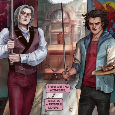 Episode-3: - Chapter 3: Duel of Deciphering, a Ace Attorney fanfiction comic. Having a sword duel with your bestie in your shared imagination, why not?