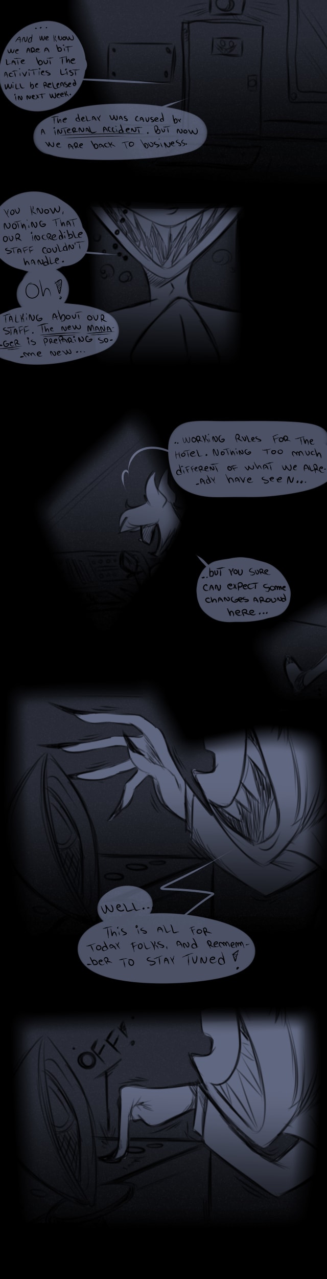 Episode-1: - Stay Tuned of Missing Members, a Hazbin Hotel fanfiction comic. Alastor has a good day at work.