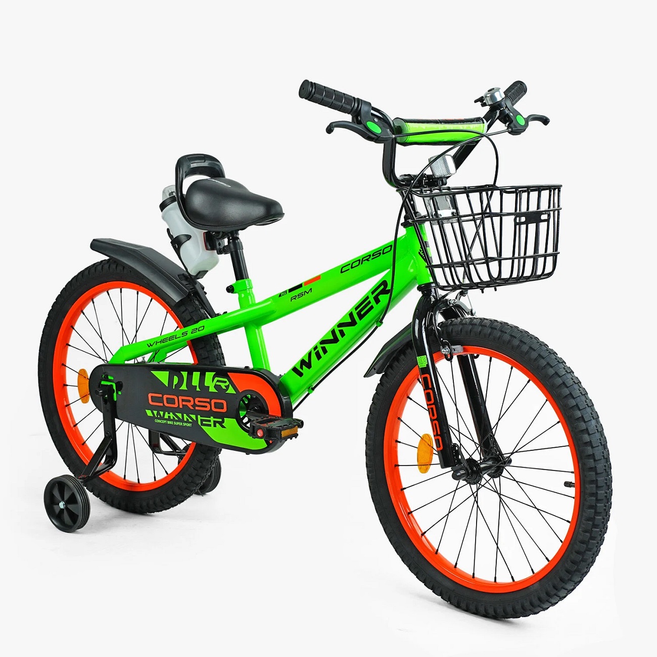 CORSO Велосипед 20 *WINNER*, додаткові колеса, дзвоник, кошик, бутилочка — зображення 1