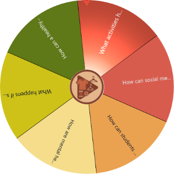 Spin the Wheel: what activities help improve your mood and mindset?why is sleep important for physical health?, how can social media affect mental health?, how can students balance school and physical activity? evzr