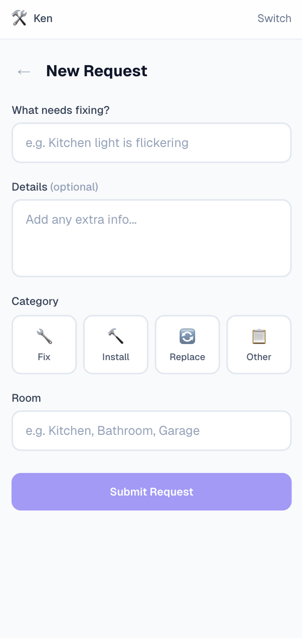 Screenshot of the new request screen in Fix It Plz