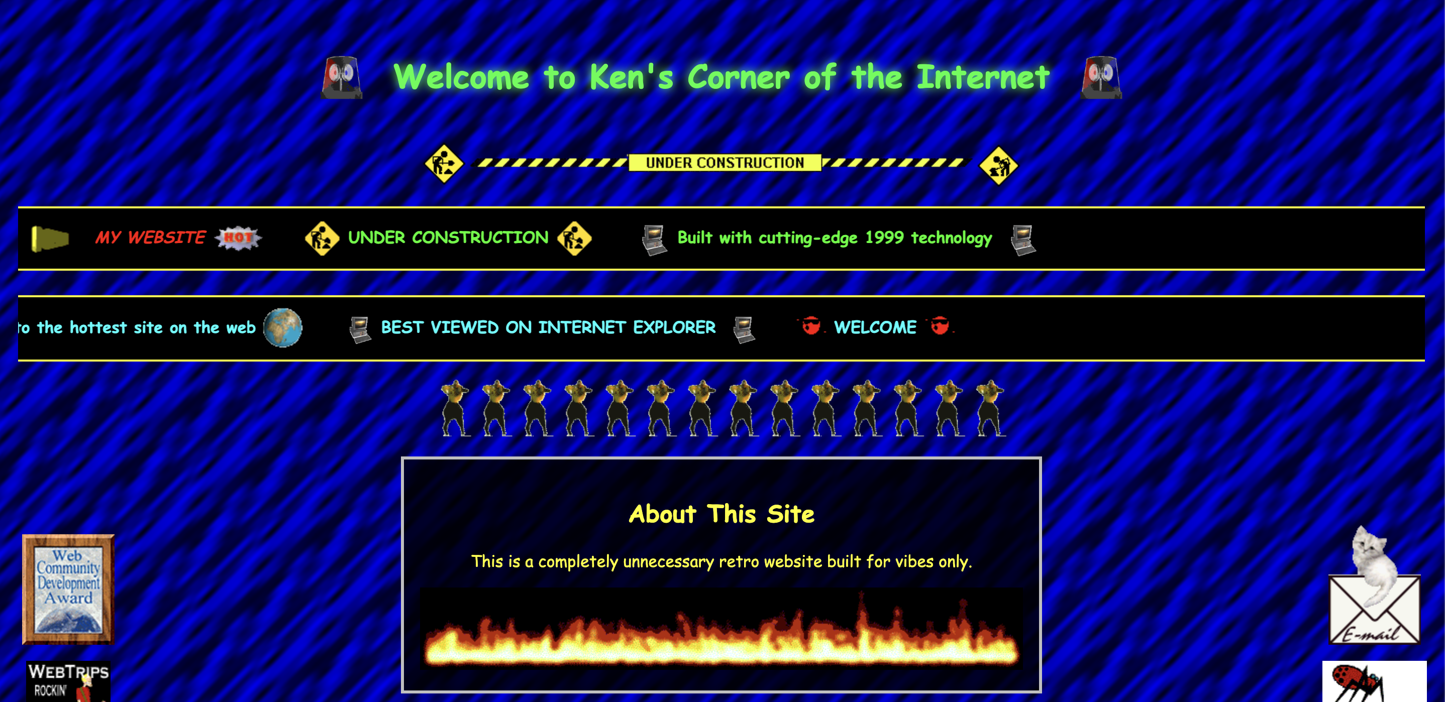 Screenshot of my Retro Site homepage with animated GIFs, marquee banners, and a repeating blue patterned background