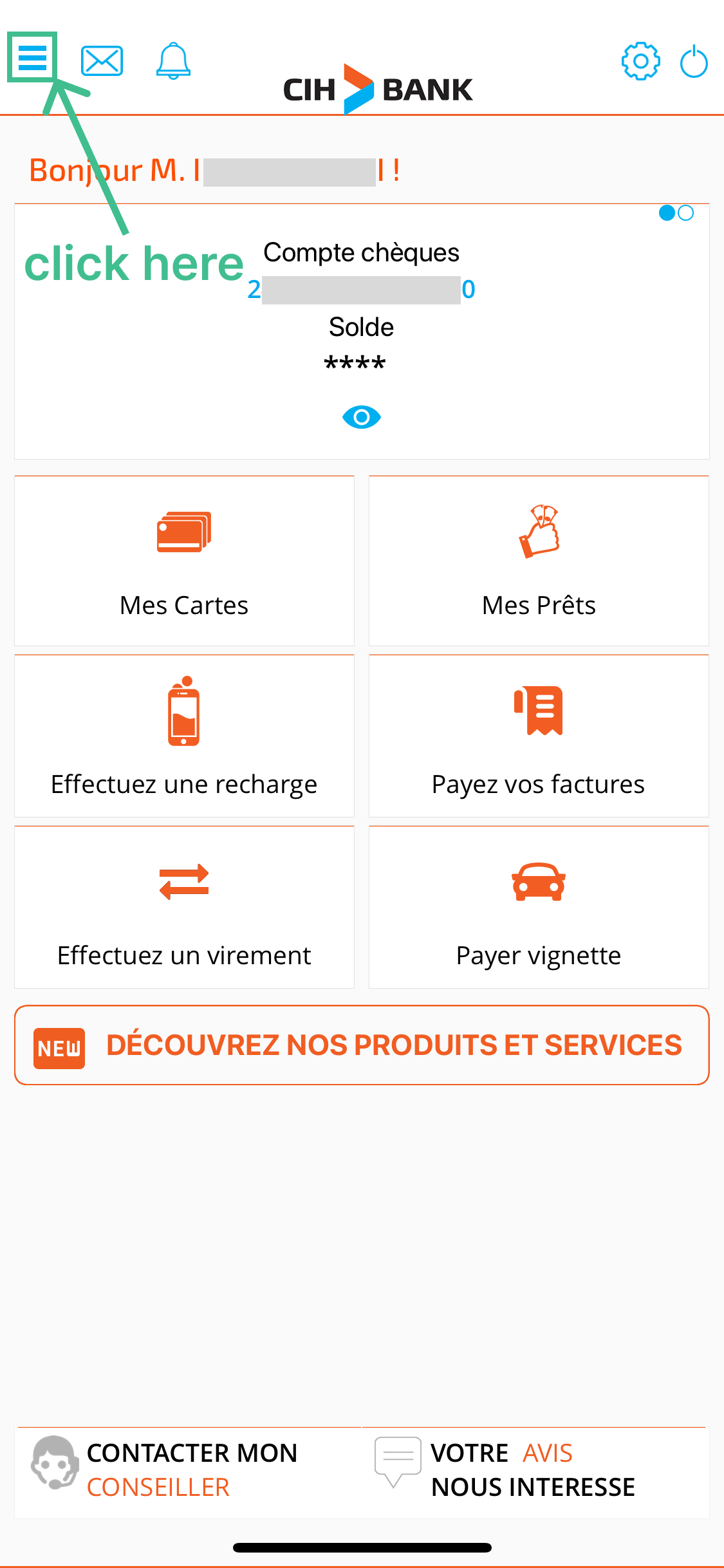 application mobile CIH sélectionnez le bouton de menu