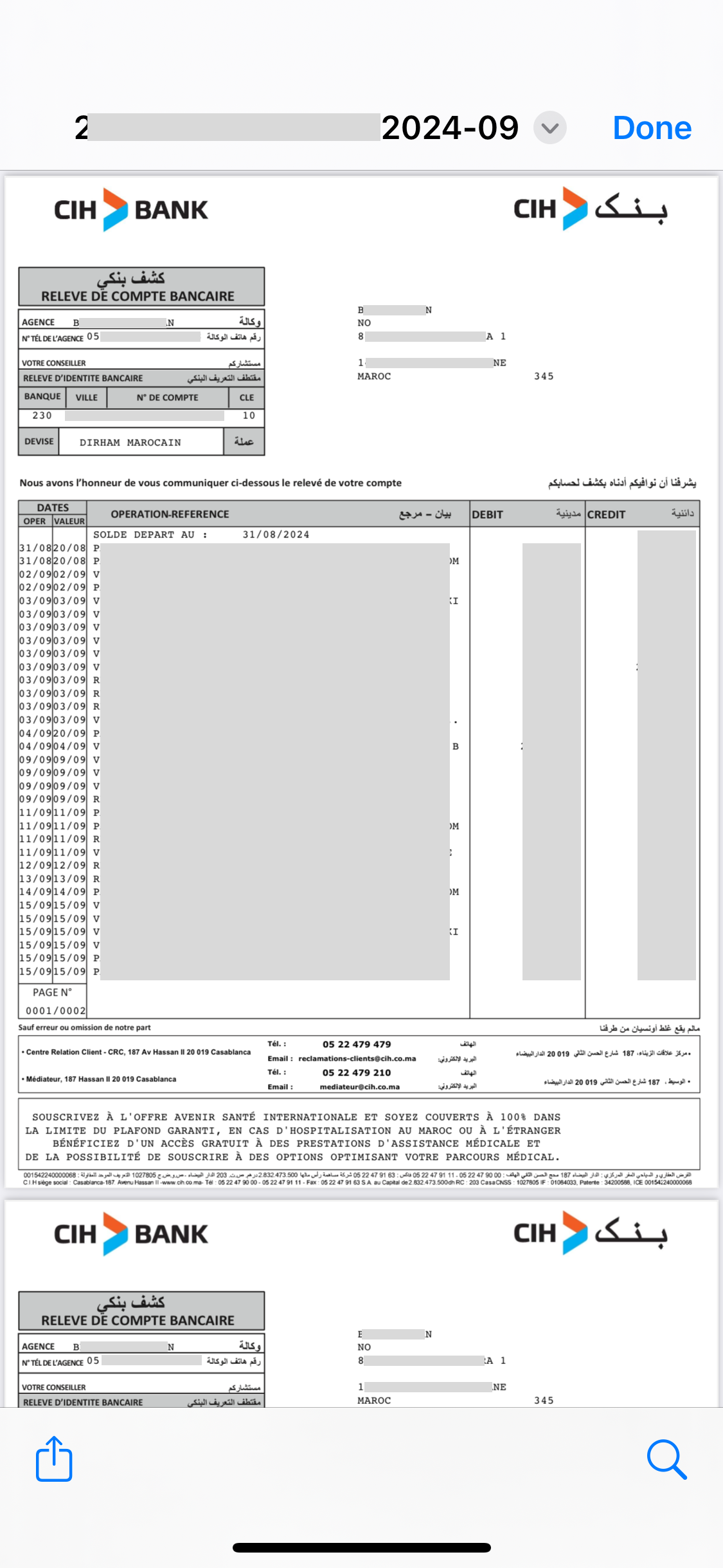 document de relevé bancaire CIH