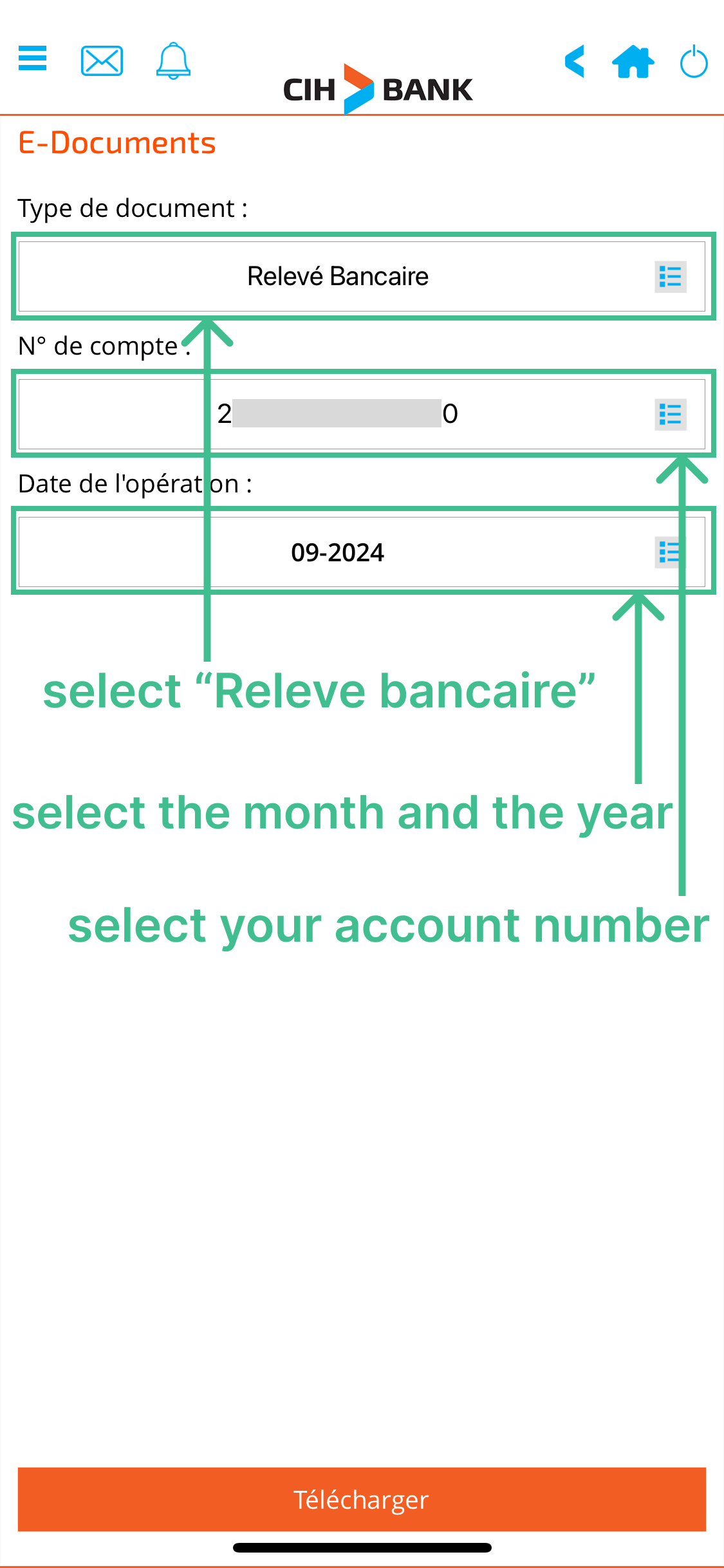 options de téléchargement du relevé bancaire CIH