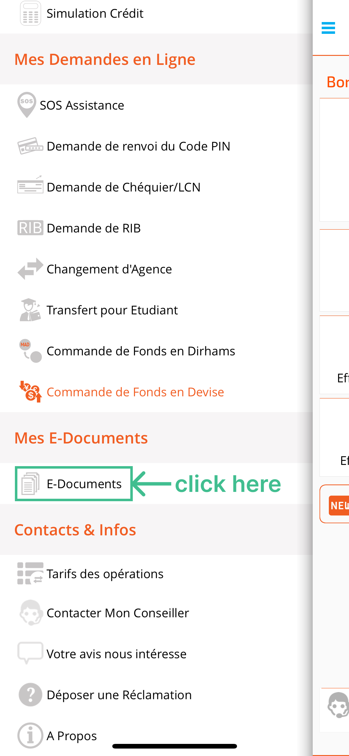 application mobile CIH ouvrez la barre latérale