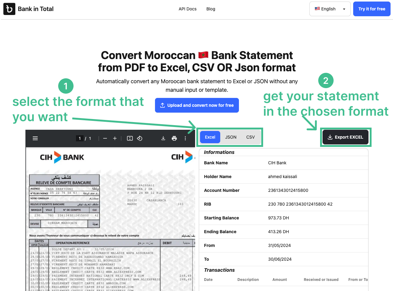 Téléchargez votre fichier CIH relevé bancaire en CSV ou Excel