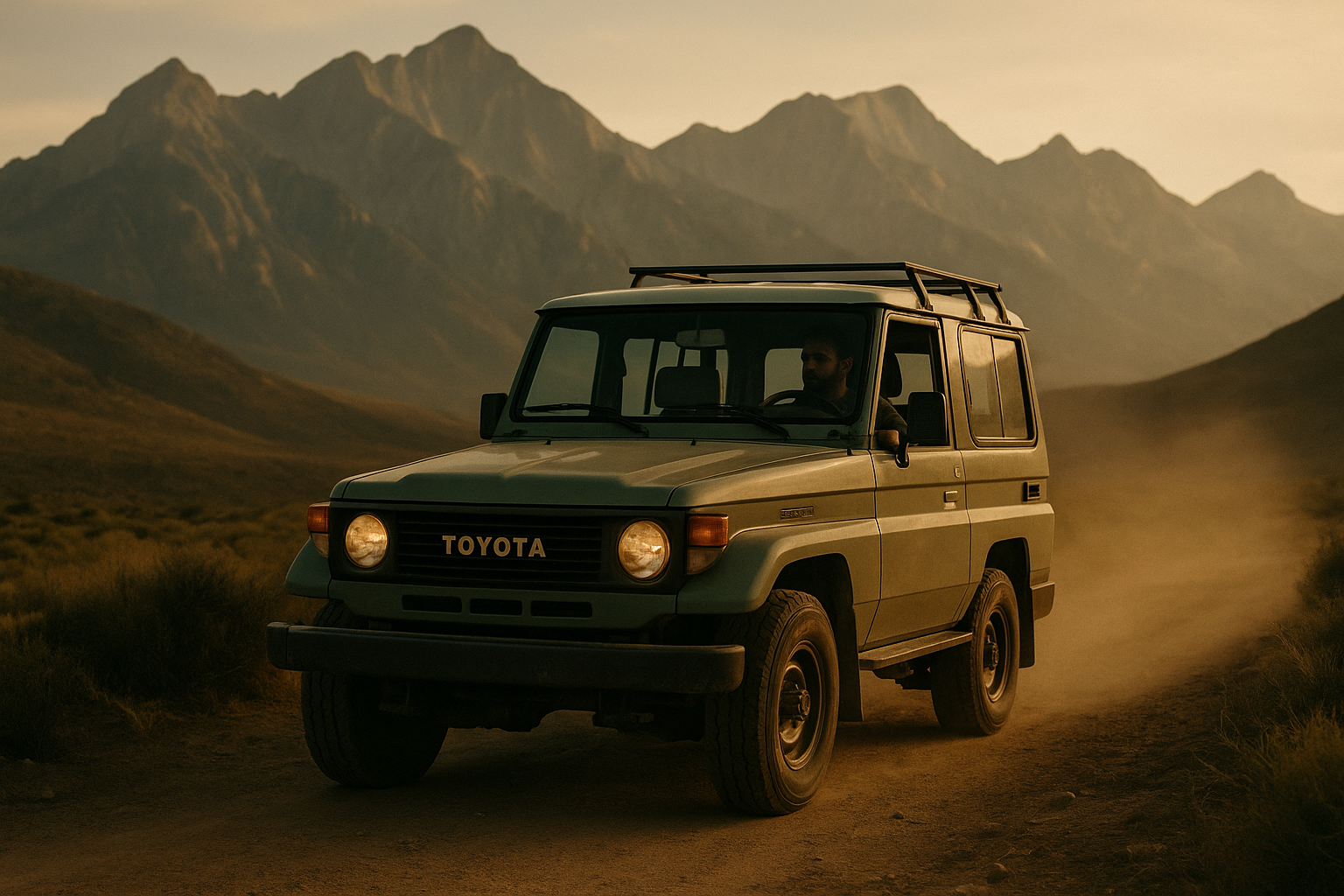 Vintage Land Cruiser in mountains