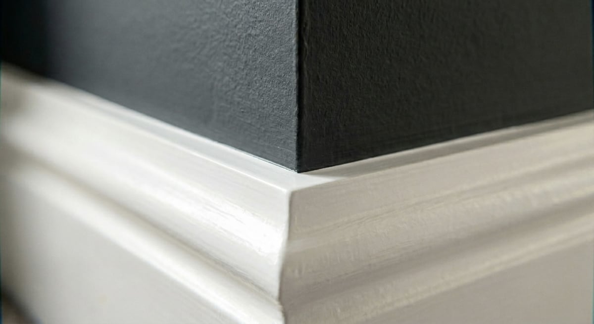Macro detail of clean black paint edge meeting white skirting