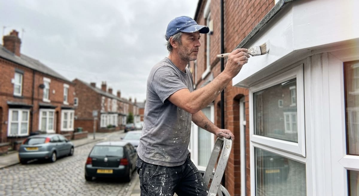 Painter working on building exterior