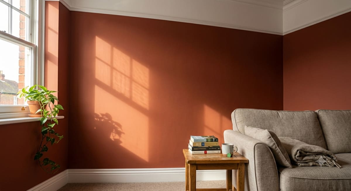 Warm terracotta living room freshly painted