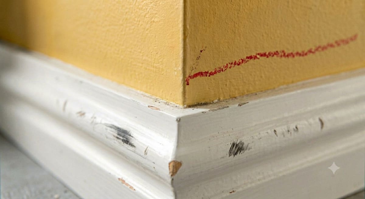 Scuffed skirting and crayon marks on the wall before preparation