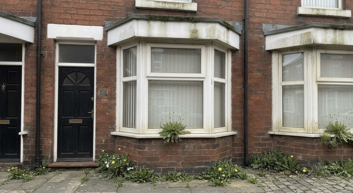 Weathered render and window surrounds before exterior repainting