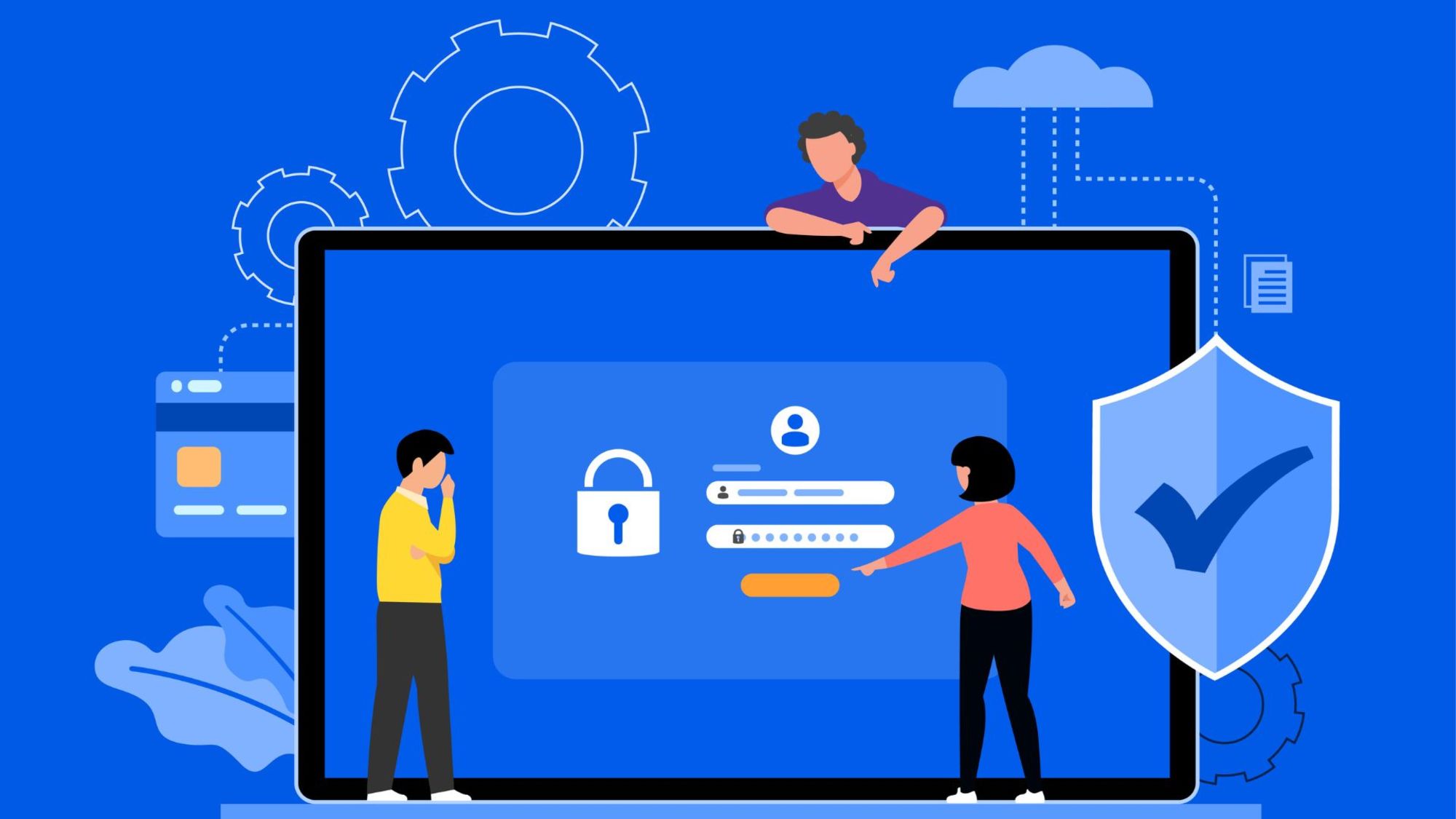 Ilustración de dos personas interactuando con una pantalla de login que muestra usuario, contraseña y un candado, simbolizando el diseño de sistemas de autenticación seguros y accesibles