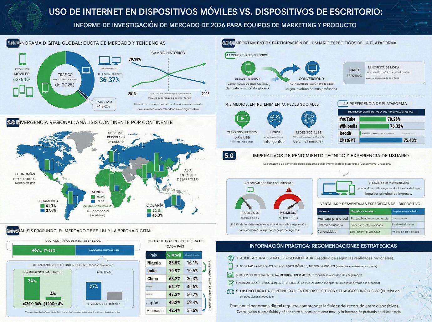 Infografía comparativa de uso de internet móvil vs escritorio en 2026: tráfico móvil representa el 62-64% global, con África al 76.1%, Asia en rápido crecimiento, y datos de rendimiento mostrando que el 53% de visitas móviles se abandonan si la carga supera 3 segundos