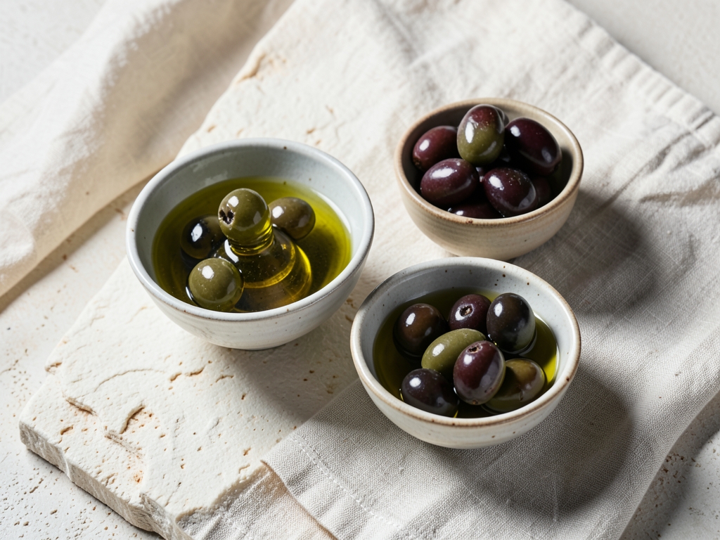 Bols d’huile d’olive et d’olives sur une pierre claire.