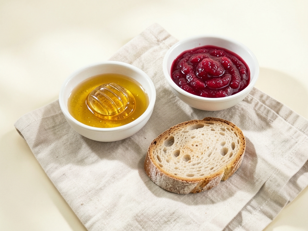 Miel, confiture et pain pour une pause sucrée.