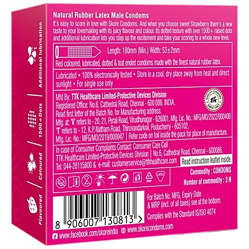 Skore Dotted & Colored Condoms - Strawberry Flavored, 3 pcs