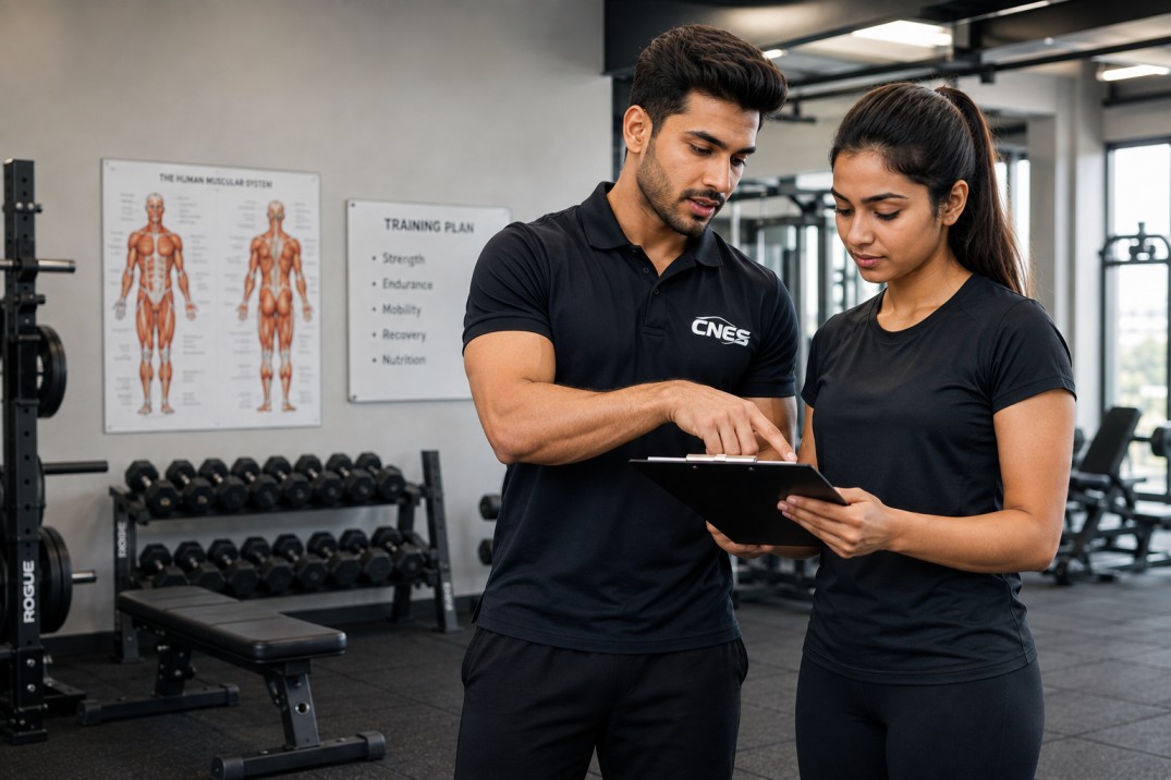 Aspiring fitness professional learning practical skills for a personal trainer certification course in India