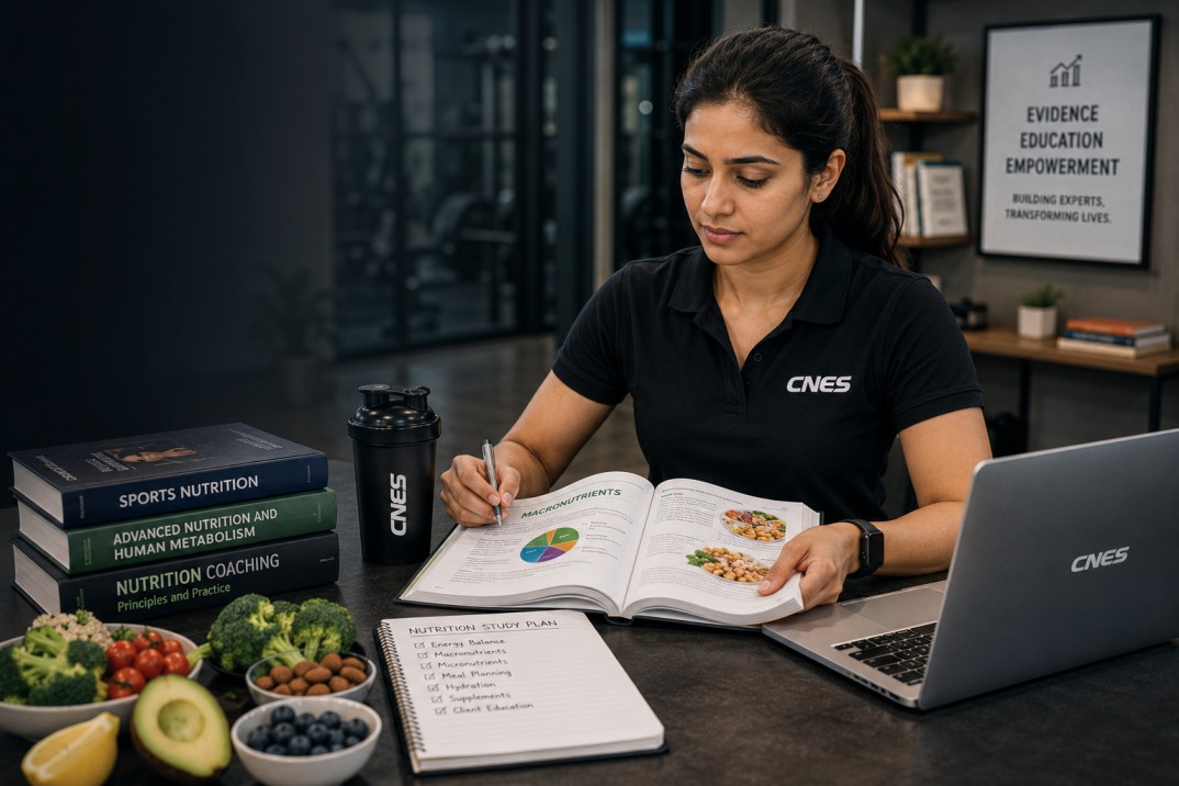 Student learning general nutrition principles in a diet and nutrition coach course in India