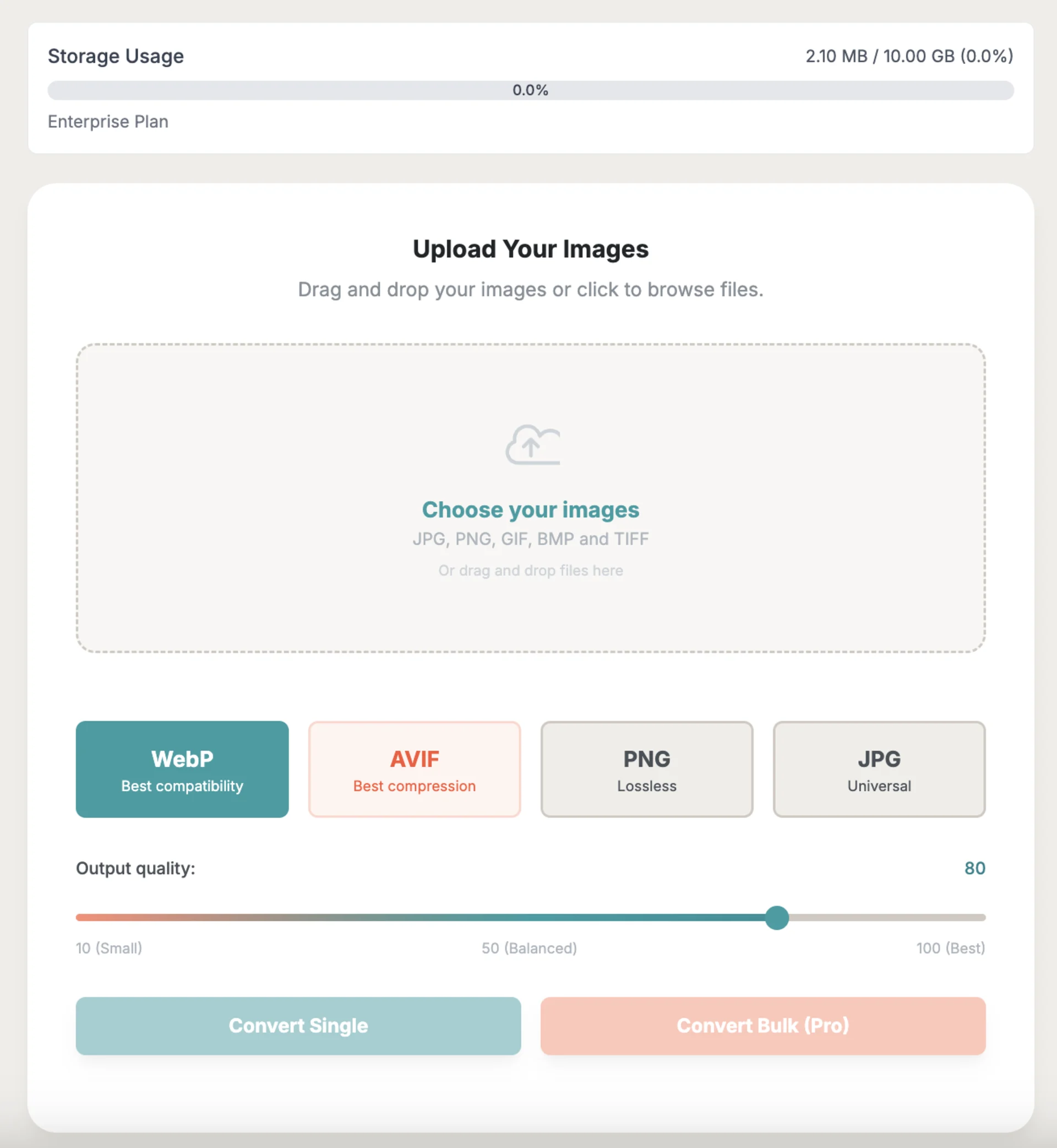 ImageAura homepage showing the main conversion interface with drag-and-drop area.
