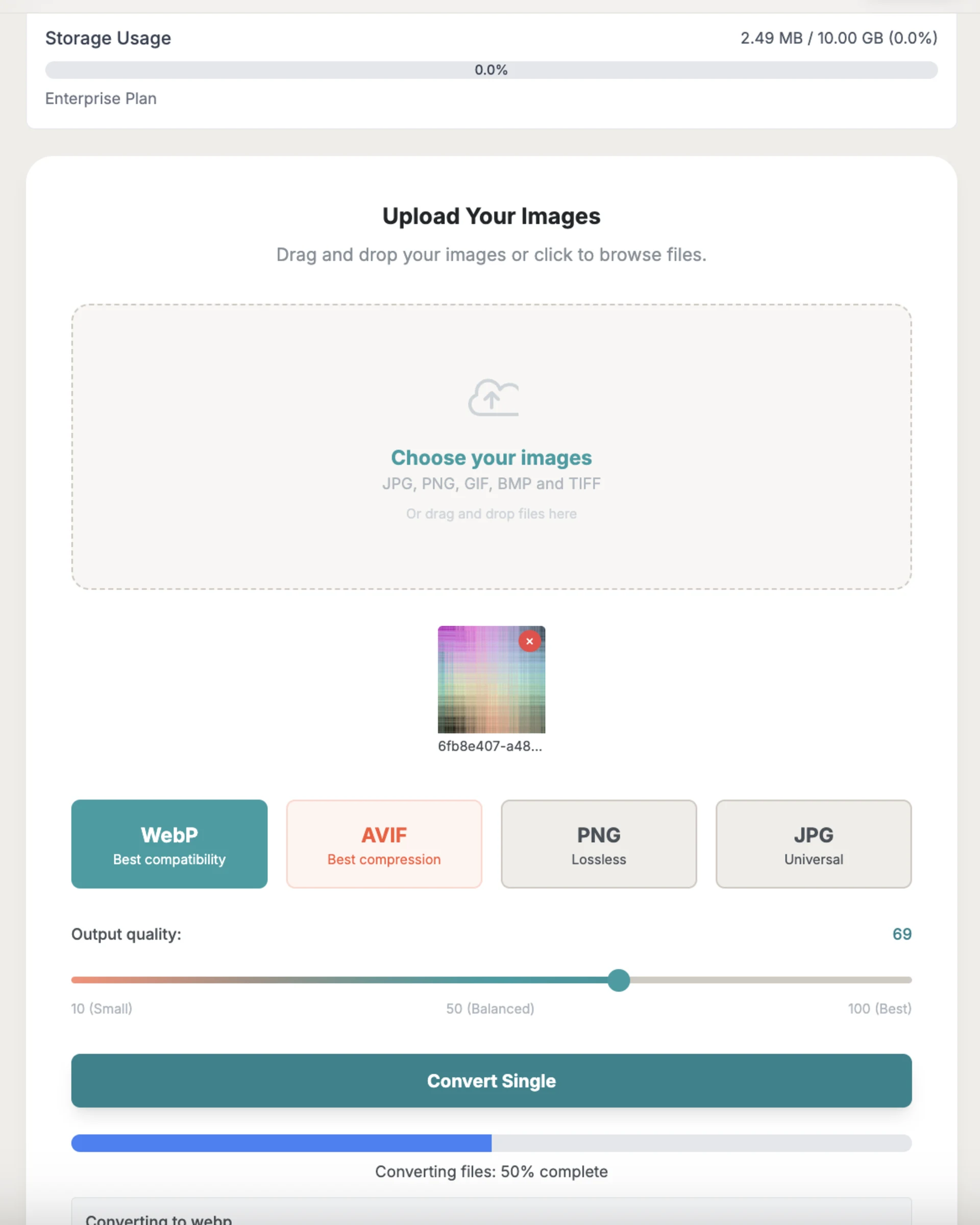Conversion progress bar and completed conversion notification.