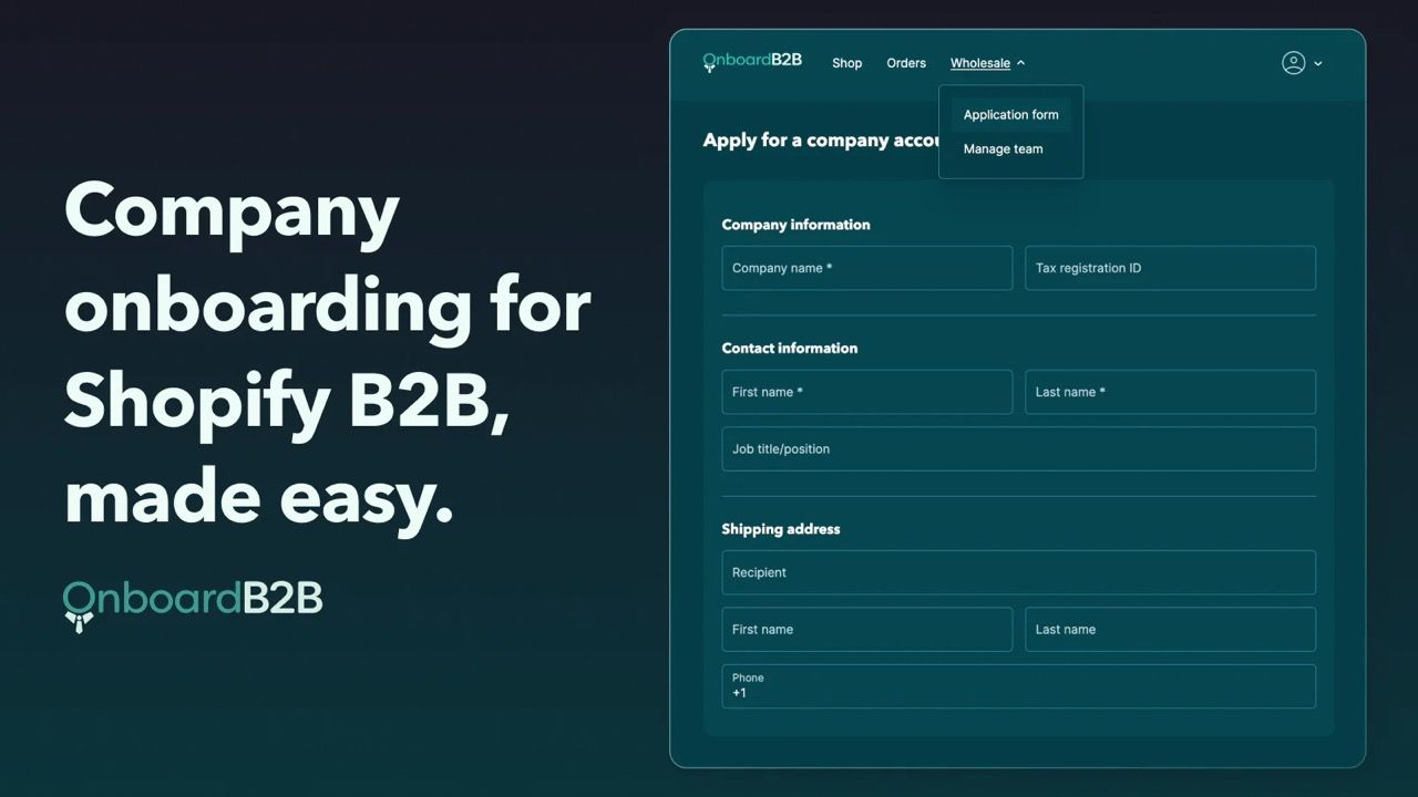 Onboard B2B banner with bold text "Company onboarding for Shopify B2B, made easy" beside a signup form.