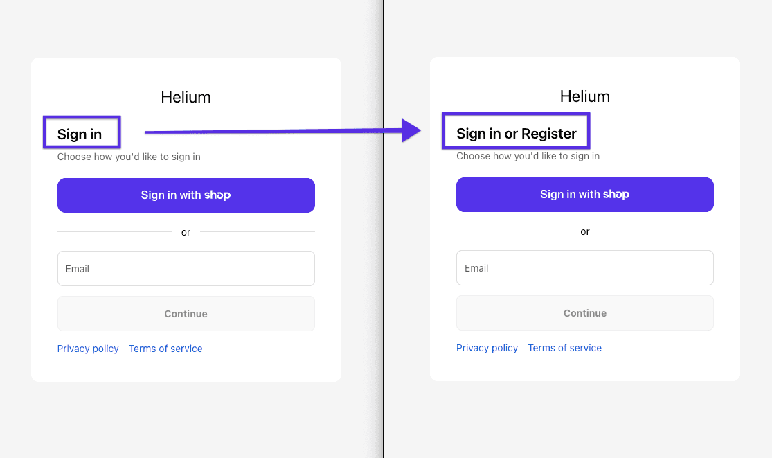 Shopify new customer account heading text