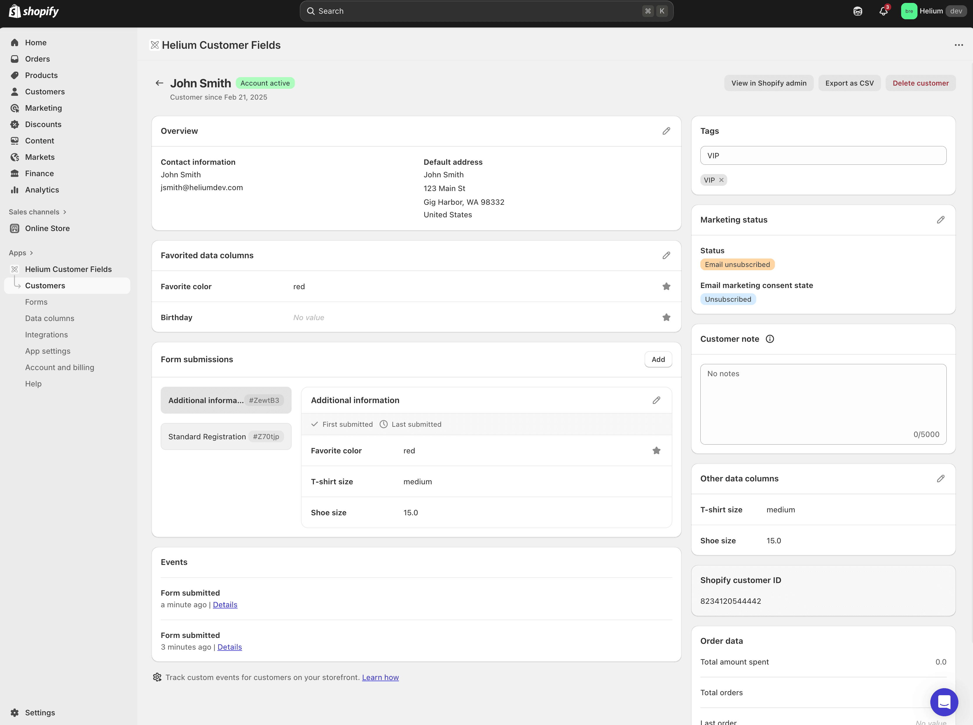 Customer Fields app customer detail page