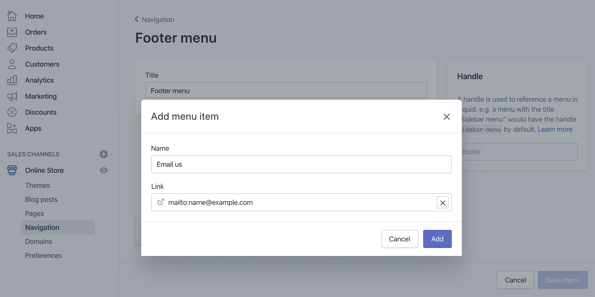 Shopify admin showing 'Add menu item' modal with an 'Email us' mailto link.