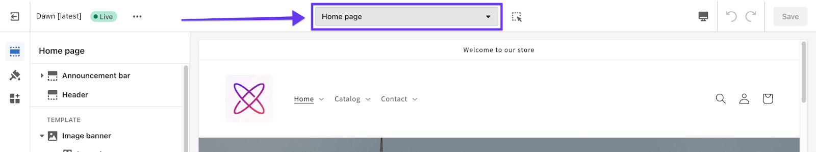 User interface showing 'Home page' selected in a dropdown menu, highlighted by a purple arrow.