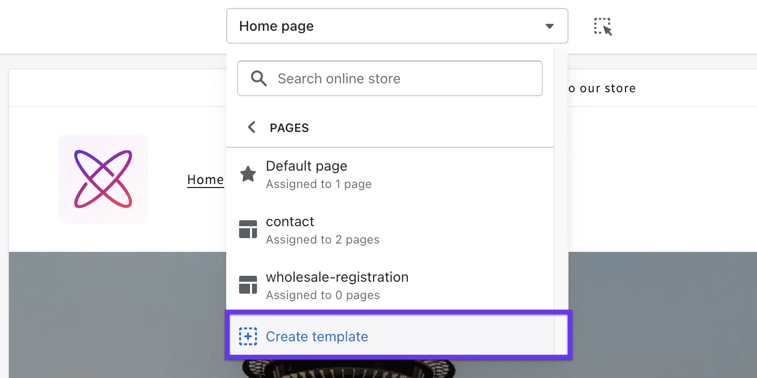 A dropdown menu showing page selections, with the "Create template" button highlighted.