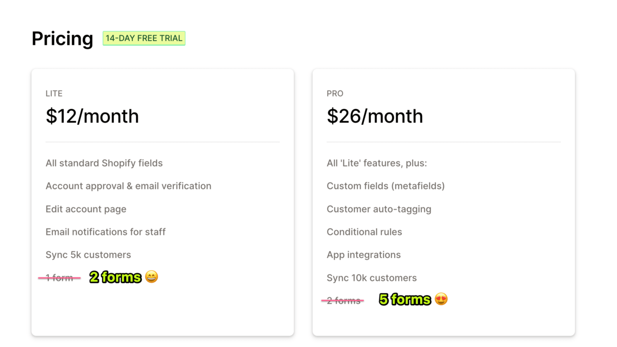 Pricing plans for Lite ($12/month) and Pro ($26/month), detailing features and customer limits.