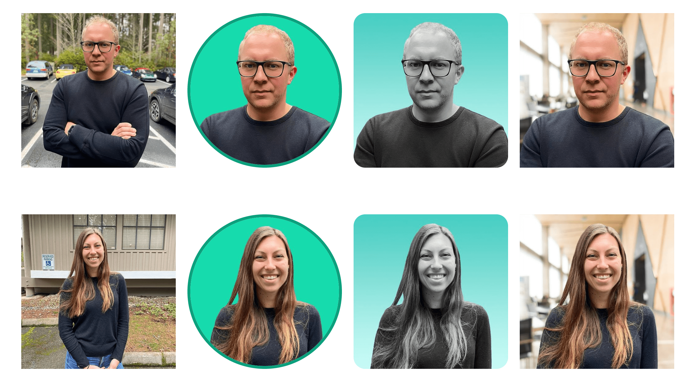 Eight portraits: a man with glasses and a woman shown in various styles.