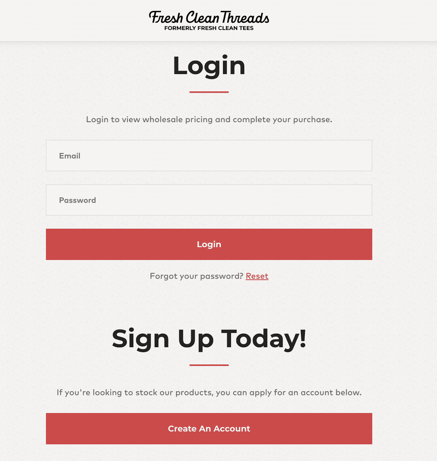 Login and sign-up page for Fresh Clean Threads website, showing forms for account access.