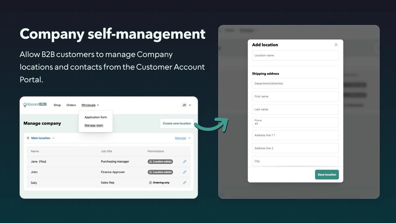 Interface showing company self-management features for B2B customers, including location and contact details.